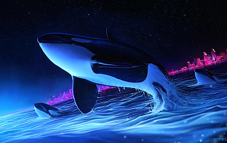 AI艺术 插图 素描 数字绘画 动物 鲸鱼 虎鲸 电脑壁纸 4K壁纸