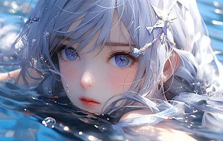蓝眼睛 长发 水 水中女孩 银发  电脑壁纸 4K壁纸