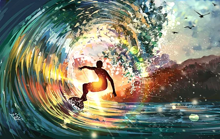 冲浪 海浪 五颜六色 闪闪发光 风景 户外 概念艺术  电脑壁纸 4K壁纸