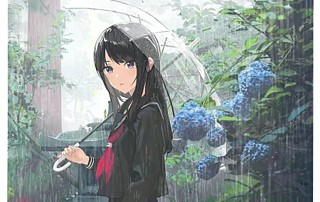 动漫女孩 雨 伞 花 校服 树叶  电脑壁纸 4K壁纸