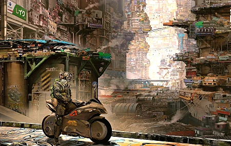未来城市 赛博朋克 网络城市 科幻小说 摩托车 城市景观 车辆 电脑壁纸 4K壁纸