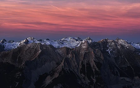 风景 山脉 天空 日落 雪峰 云彩 红天  电脑壁纸 4K壁纸