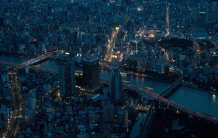 城市 交通 河流 路灯 鸟瞰 亚洲 城市景观  电脑壁纸 4K壁纸