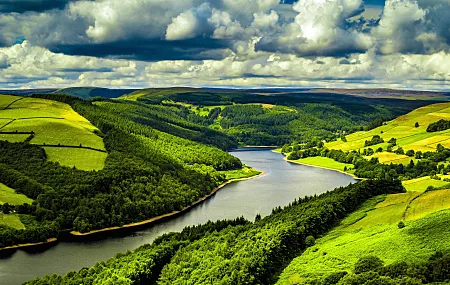 河流 树木 森林 云 小山 绿色 水 风景 英格兰 田野 自然  电脑壁纸 4K壁纸
