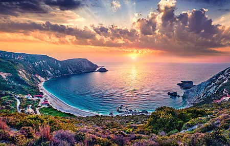 风景 海滩 海 天空 日落 五颜六色 岛屿 海岸 自然 水 希腊  电脑壁纸 8K壁纸