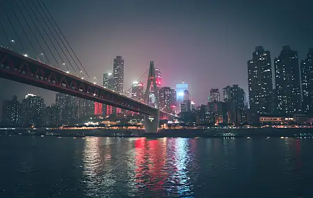 重庆 中国 天空 桥梁 河流 摩天大楼 夜晚 灯光 水波 电脑壁纸 4K壁纸