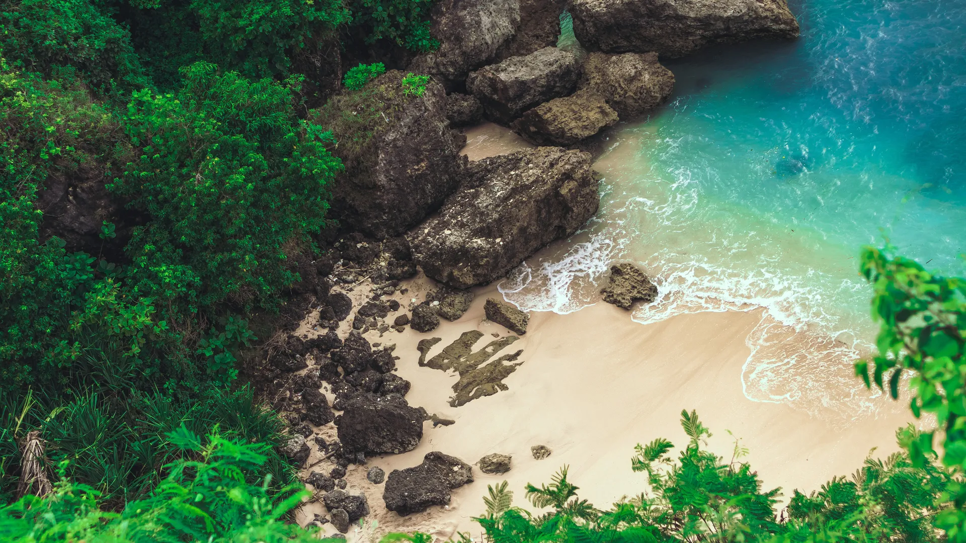 自然 植物 水 岩石 海滩 风景 俯视 波浪 沙子 电脑壁纸 4K壁纸