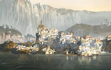 视觉 插图 山 城市 水 风景 长老卷轴 游戏CG  电脑壁纸 4K壁纸