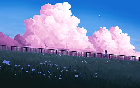 田野 云朵 晴朗天空 动漫少女 粉色氛围 电脑壁纸 4K壁纸
