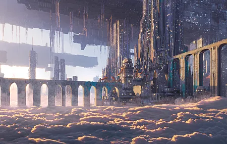 插图 城市 建筑 桥梁 乌托邦 云 幻想艺术  电脑壁纸 4K壁纸