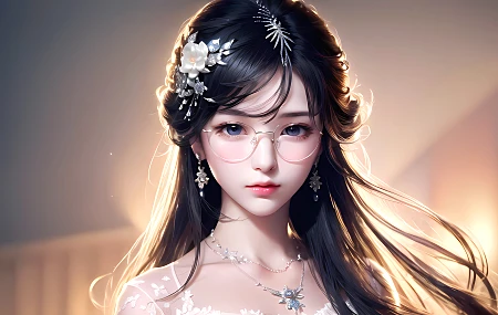 亚洲 女人 长发 艺术 眼镜 耳环 珠宝 项链  电脑壁纸 4K壁纸