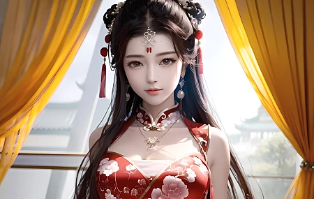 模特 女人 亚洲 艺术 耳环 吊带裙 项链 旗袍 电脑壁纸 4K壁纸