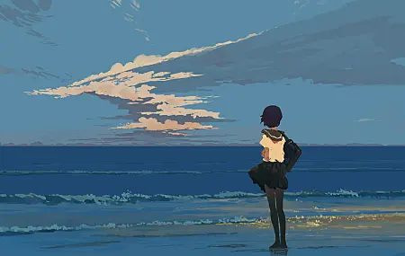 女学生 站立 校服 海滩 海边 日落 宁静 海浪 水 云 天空 AI艺术  电脑壁纸 4K壁纸