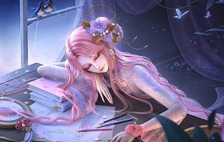 游戏CG角色 粉色头发 闭着眼睛 绘画 游戏CG女孩 游戏CG艺术 睡眠 王者荣耀  电脑壁纸 4K壁纸