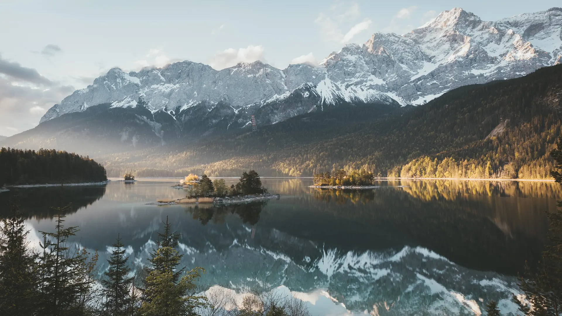 风景 艾比西湖 湖泊 山脉 森林 自然 雪 日落 巴伐利亚 反射  电脑壁纸 4K壁纸