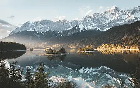 风景 艾比西湖 湖泊 山脉 森林 自然 雪 日落 巴伐利亚 反射  电脑壁纸 4K壁纸