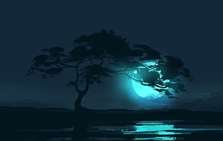  树木 风景 夜晚 月亮 月光 反射 极简主义 空间 稀树草原  电脑壁纸 4K壁纸