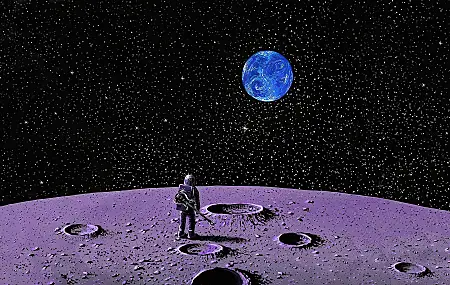 宇航员 太空 吉他 月亮 星星 地球 陨石坑  电脑壁纸 4K壁纸
