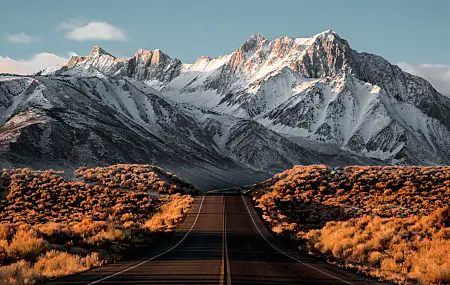 自然 水 雪 山 道路 风景 雪峰 灌木 沥青 阳光 内华达山脉 加利福尼亚州  电脑壁纸 4K壁纸