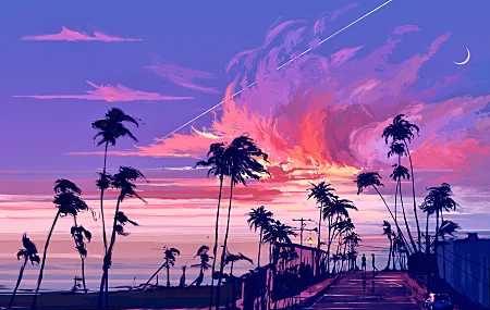 棕榈树 太阳 云 海滩 数码绘画 绘画 数码艺术  电脑壁纸 4K壁纸