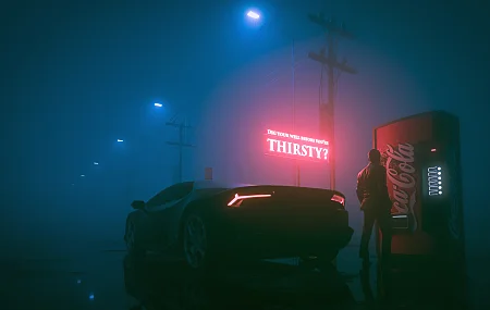 数码艺术 汽车 霓虹灯 可口可乐 薄雾 反射 车辆 夜晚 潮的街道  电脑壁纸 4K壁纸
