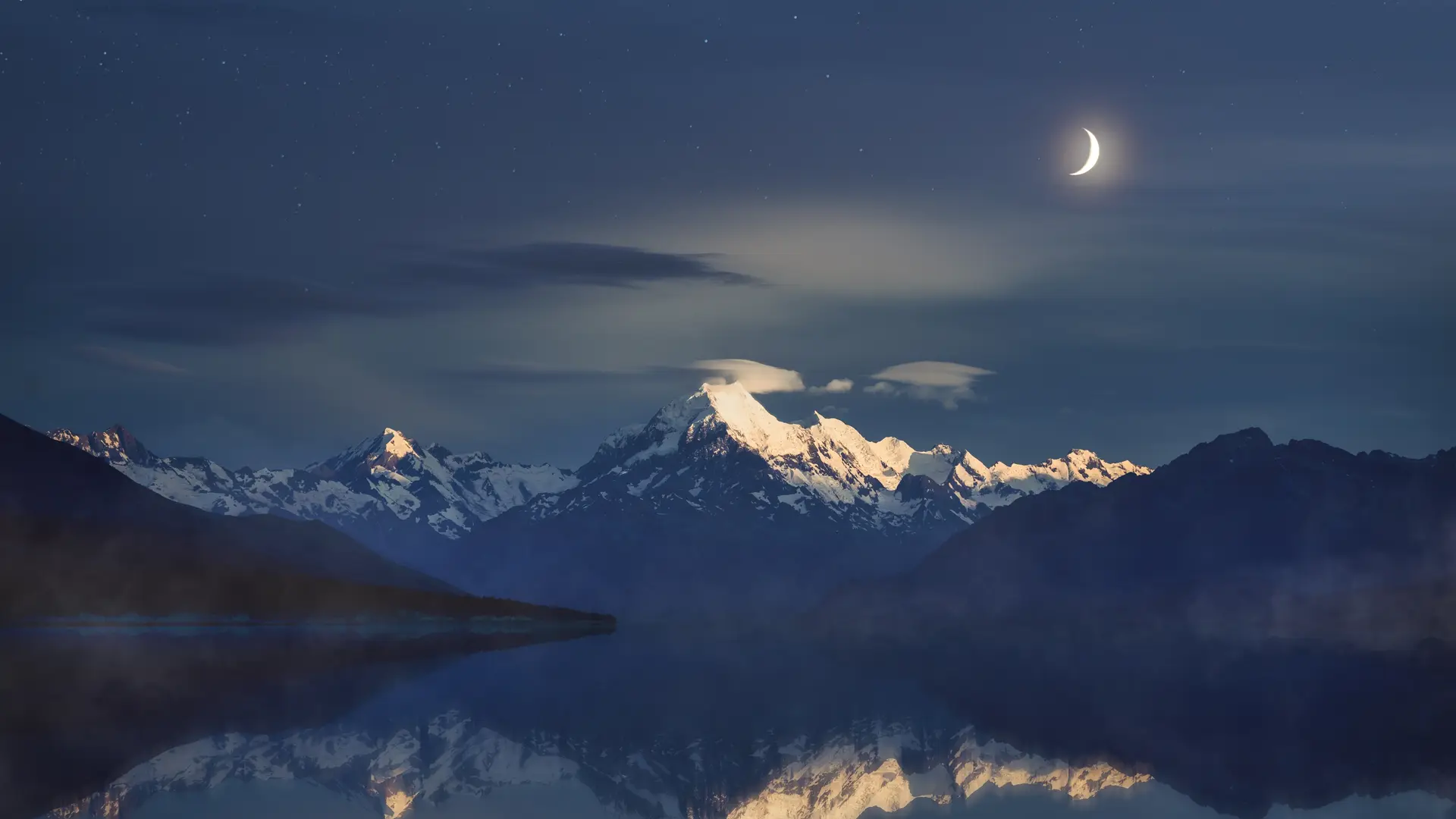 摄影 反射 风景 夜晚 夜景 新西兰 库克山 月亮 山 峰 湖 水  电脑壁纸 4K壁纸