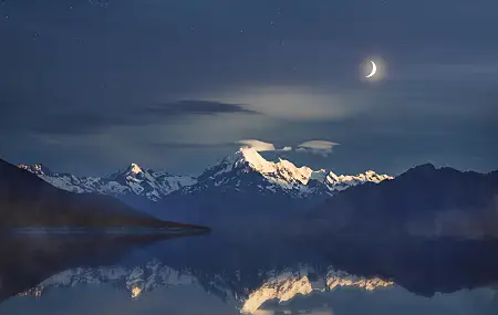 摄影 反射 风景 夜晚 夜景 新西兰 库克山 月亮 山 峰 湖 水  电脑壁纸 4K壁纸