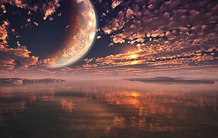 月亮 海洋 水 反射 云 天空 风景 阳光 日落 灯光 自然 行星 空间  电脑壁纸 4K壁纸