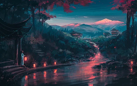  AI艺术 图片 插图 绘画 风景 自然 山脉 倒影 森林 树木 鸟取 桥 水 灯笼  电脑壁纸 4K壁纸