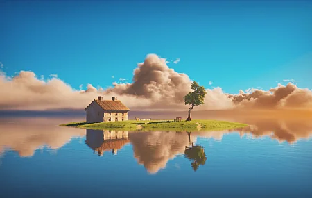  AI艺术 插图 风景 自然 千与千寻 房子 岛屿 倒影 云 水 海 扇形艺术  电脑壁纸 4K壁纸