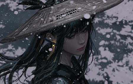 原创 人物 黑发 数码绘画 素描 帽子 草帽 雪 羽毛 风 肖像 4K壁纸