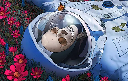 宇航员 仰卧 死亡 骨架 鲜花 蝴蝶 骷髅 宇航服 树叶 数码艺术 碎玻璃 