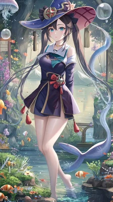 动漫 动漫女孩 原神 魔娜 双尾 黑发 数码艺术 人工智能艺术 