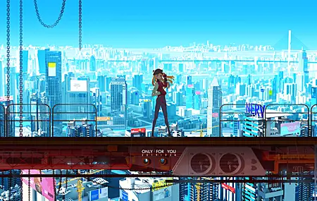 动漫女孩 绘画 城市 黑帽子 公寓 建筑 链条 眼罩 明日 霓虹创世纪 福音 战士  电脑壁纸 4K壁纸