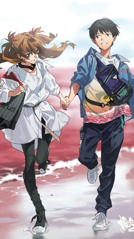 牵手 霓虹 福音战士 动漫男孩 动漫女孩 EVA 新世纪福音战士 碇真嗣 明日香 手机壁纸 4K壁纸