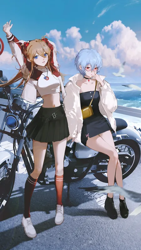 动漫 动漫女孩 明日香 绫波丽 新世纪福音战士 摩托车 机车 眼镜 袜子 天空 户外 裙子 连衣裙 手机壁纸 4K壁纸