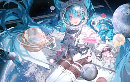 蓝头发 长发 动漫 女孩 初音未来 太空 宇航服 月球 地球 猫耳 8K壁纸