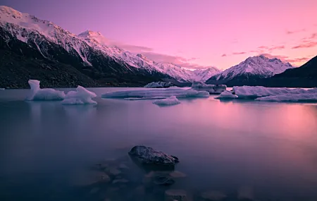 自然 风景 山脉 雪山 雪 冰 岩石 水 天空 云 急流 黎明 湖 4K壁纸