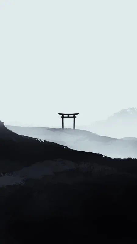 数字艺术 艺术品 插图 风景 单色 极简主义 鸟居 山脉 数字 绘画 手机壁纸 4K壁纸