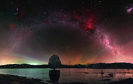 自然 景观 天空 树木 湖泊 水 夜 植物 星星 空间 狂欢 银河系 4K壁纸