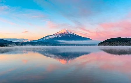 自然 风景 树木 云 天空 薄雾 粉色 云 鸭子 鸟类 早晨 房屋 山脉 湖 4K壁纸