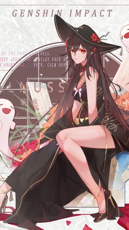 胡桃 原神 长发 动漫 女孩 幽灵 连衣裙 高跟鞋 花瓣  帽子 鲜花  手机壁纸 4K壁纸