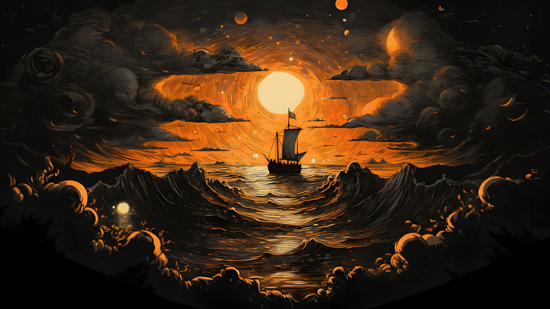 风景 艺术 海景 AI艺术 水 船 太阳 云 天空 波浪  电脑壁纸 4K壁纸