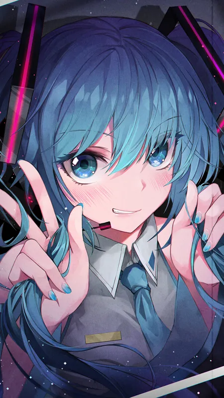 长发 蓝色 头发 微笑 眼睛 小提琴 动漫女孩 初音  手机壁纸 4K壁纸