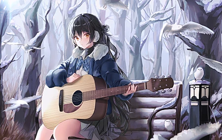 原创 人物 黑发 动漫 动漫女孩 鸟 雪 棕色眼睛 艺术  电脑壁纸 8K壁纸