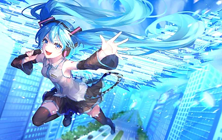 蓝头发 长发 蓝眼睛 初音 双尾 电脑壁纸 8K壁纸