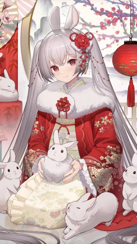 动漫 动漫女孩 双尾 兔子 动物 头发 花  手机壁纸 4K壁纸