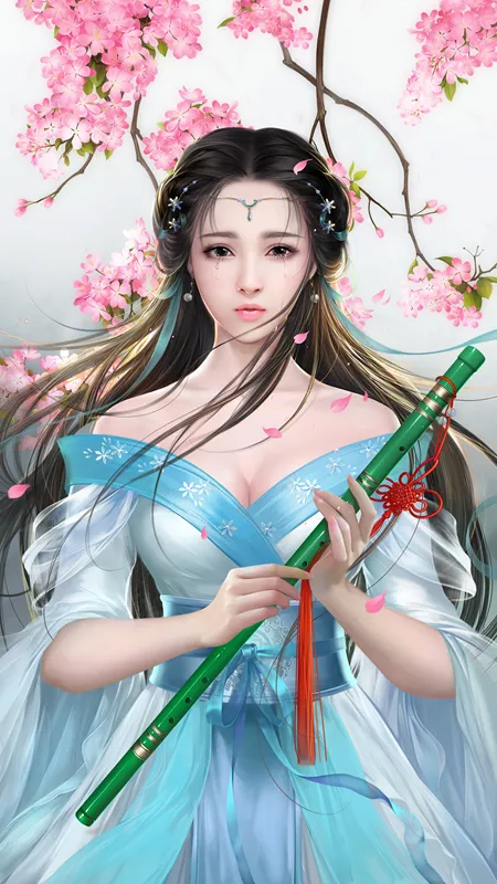梦幻 女孩 深色 头发 眼泪 长笛 粉色花 连衣裙  绘画  手机壁纸 4K壁纸