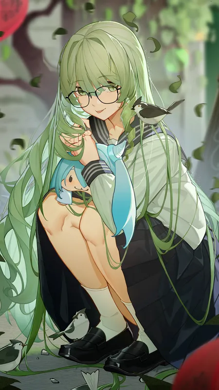 绿头发 长发 绿眼睛 女学生 原神 艺术 校服 迷你裙 眼镜 鸟 树叶 动漫 动漫女孩  手机壁纸 4K壁纸