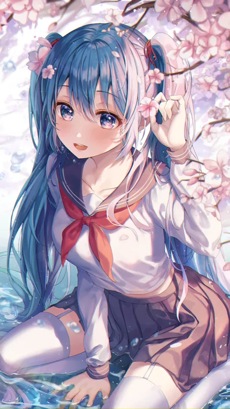  动漫 动漫女孩 初音 水 白色袜子 大腿 校服 樱花  手机壁纸 4K壁纸